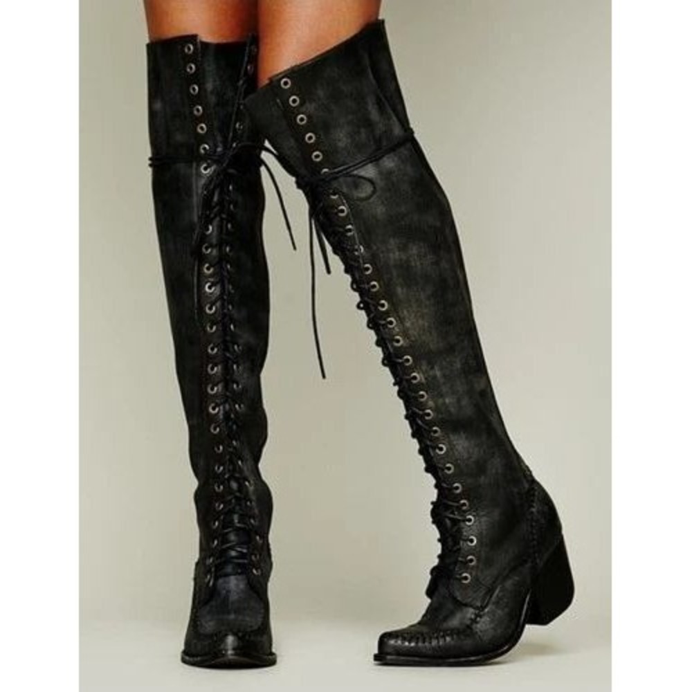 Jeffrey Campbell James Black Leather Over The Knee Lace Up Whipstitch Boots 8